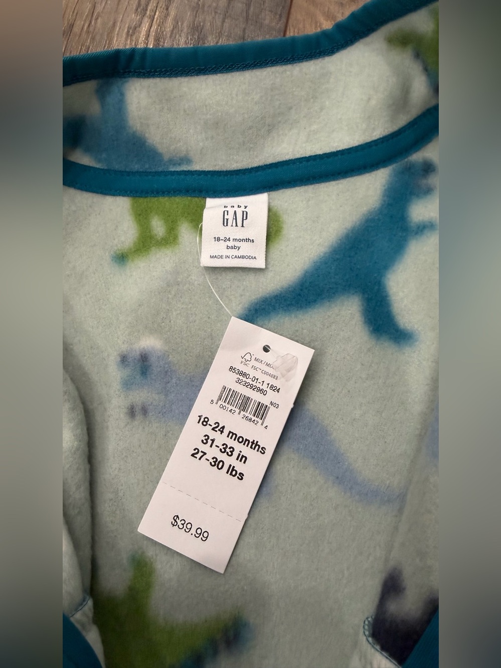 Baby Gap Boy's Dinosaur Zip Up Fleece Jacket, Size 18-24 Months, Blue, NEW - Picture 4 of 4